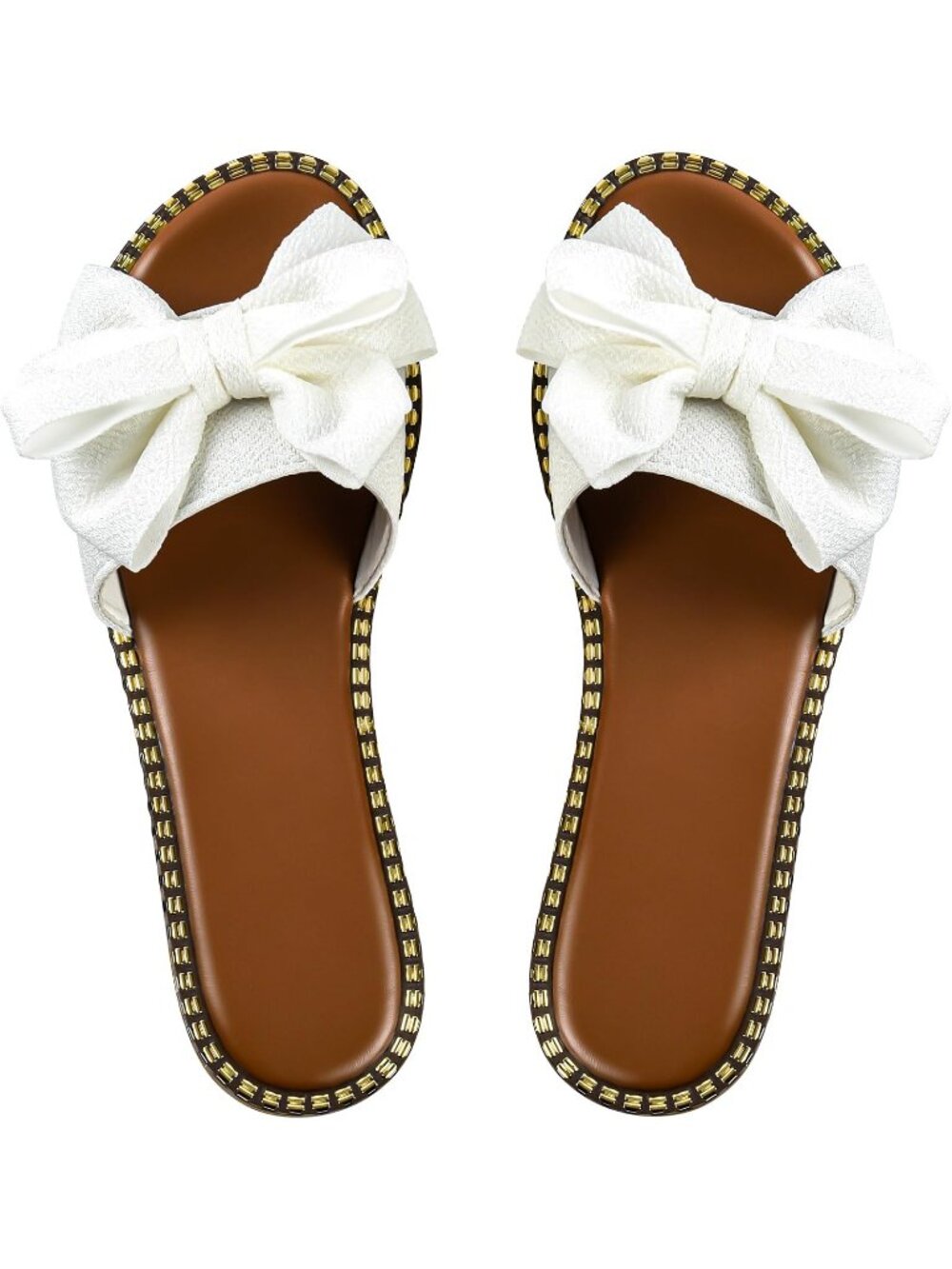 Women's White Summer Faux Leather Slip On Bow Knot Slides Open Toe Flats Sandals